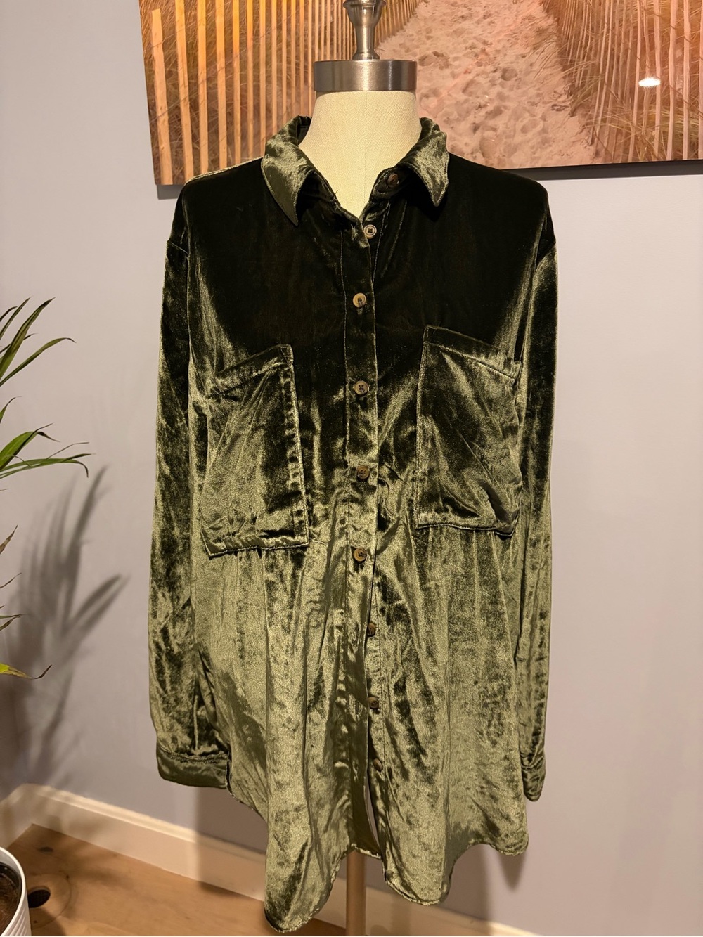 Pilcro Olive Green Velvet Button-Down Shirt Anthropologie Size XL